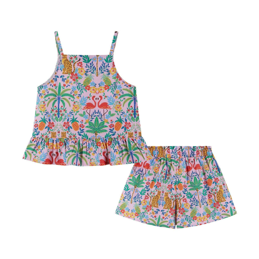 Girls Textured Cotton Poplin Top and Short Set | Pink Cheetah