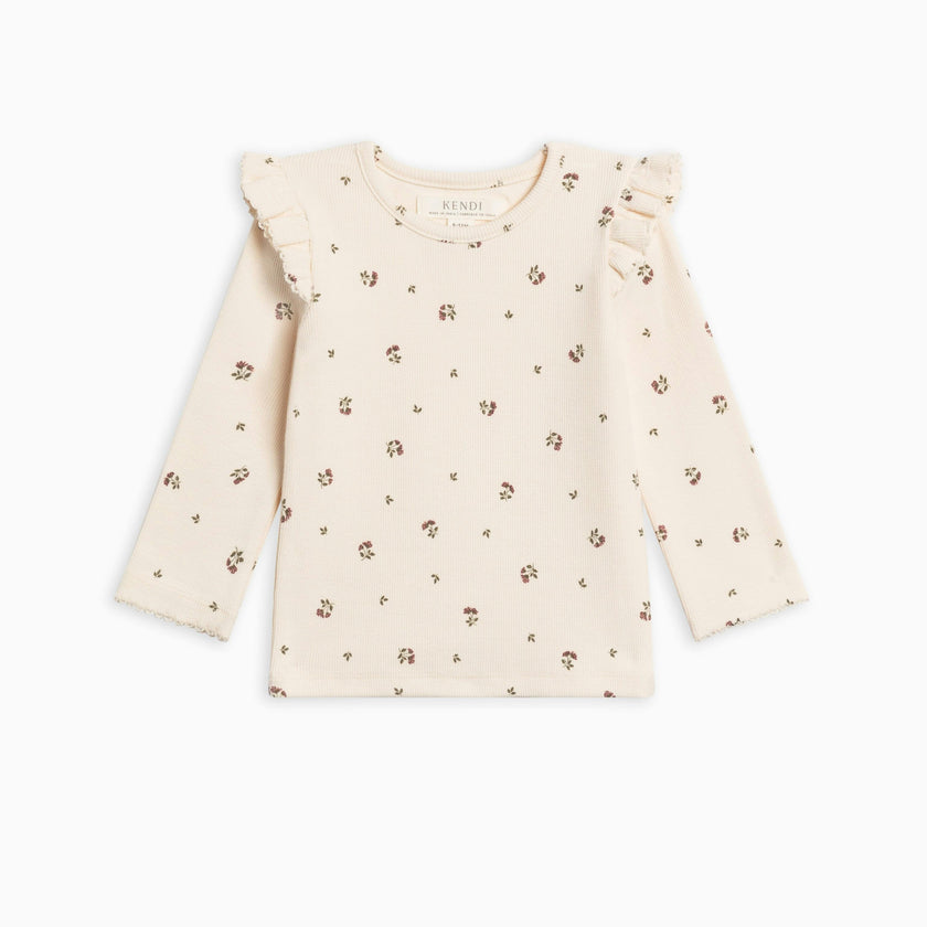 KENDI Rina Ribbed Ruffle Long Sleeve Top Amaya Floral / Mauve
