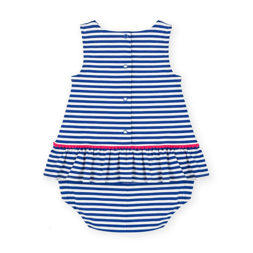 Stripe Knit Romper With Pom Poms & Flowers