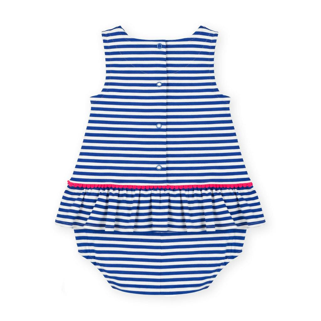 Stripe Knit Romper With Pom Poms & Flowers