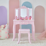 Daisy Gisele Wood Vanity with Tri-Fold Mirror and Drawer, Pink