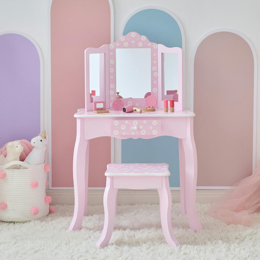 Daisy Gisele Wood Vanity with Tri-Fold Mirror and Drawer, Pink