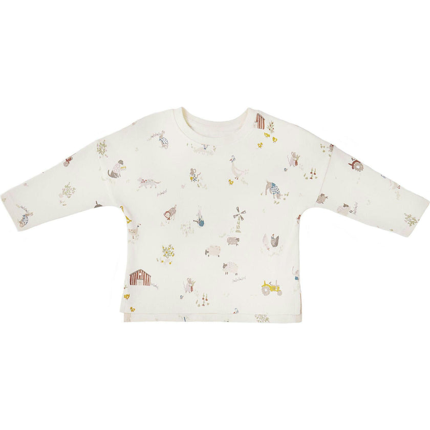 Dropped Shoulder Long Sleeve Top - On the Farm, White