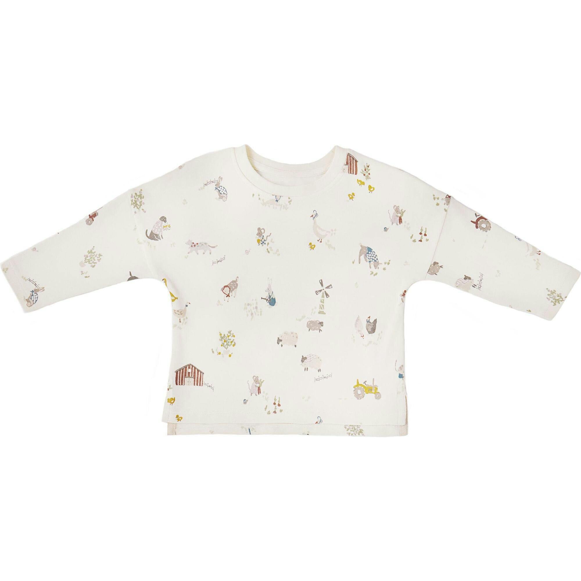 Dropped Shoulder Long Sleeve Top - On the Farm, White