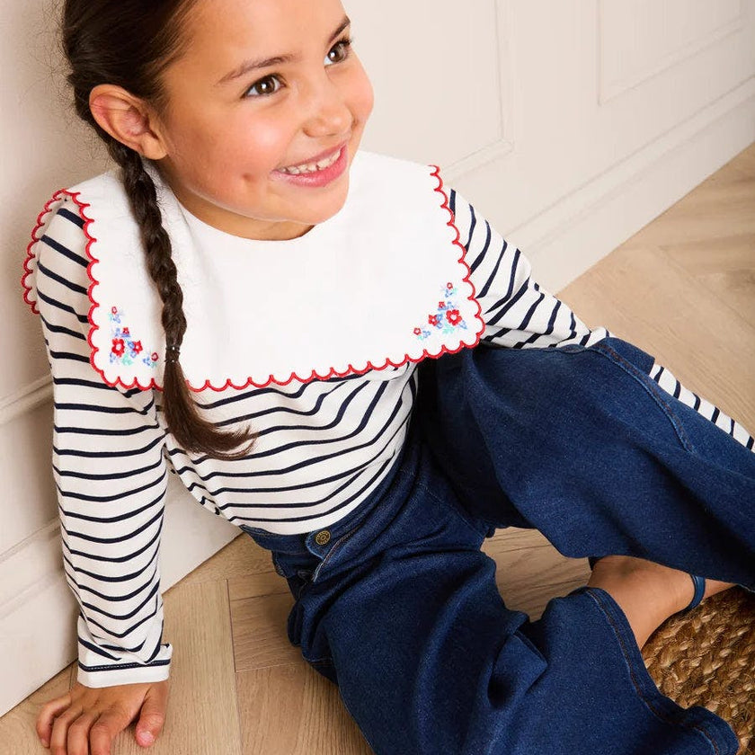 Sailor Stripe Floral Embroidered Mariner Collar Top in White (2-12yrs)