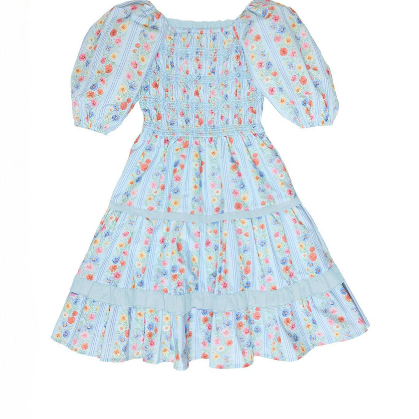 Mini Roselyn Dress in Blue Linear Floral Print