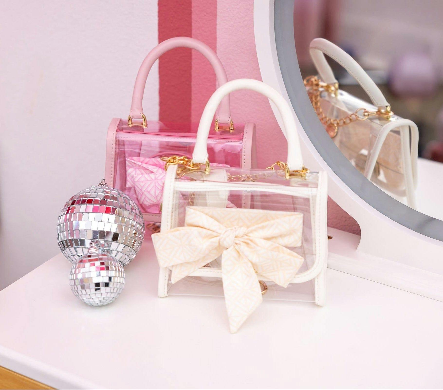 Packed Party Clear Mini Crossbody Bag - White Trim with Gold Chain Strap, Removable Satin Bow Scarf, Top Handle, 7x3.5x5 Inch