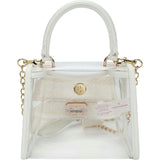 Packed Party Clear Mini Crossbody Bag - White Trim with Gold Chain Strap, Removable Satin Bow Scarf, Top Handle, 7x3.5x5 Inch