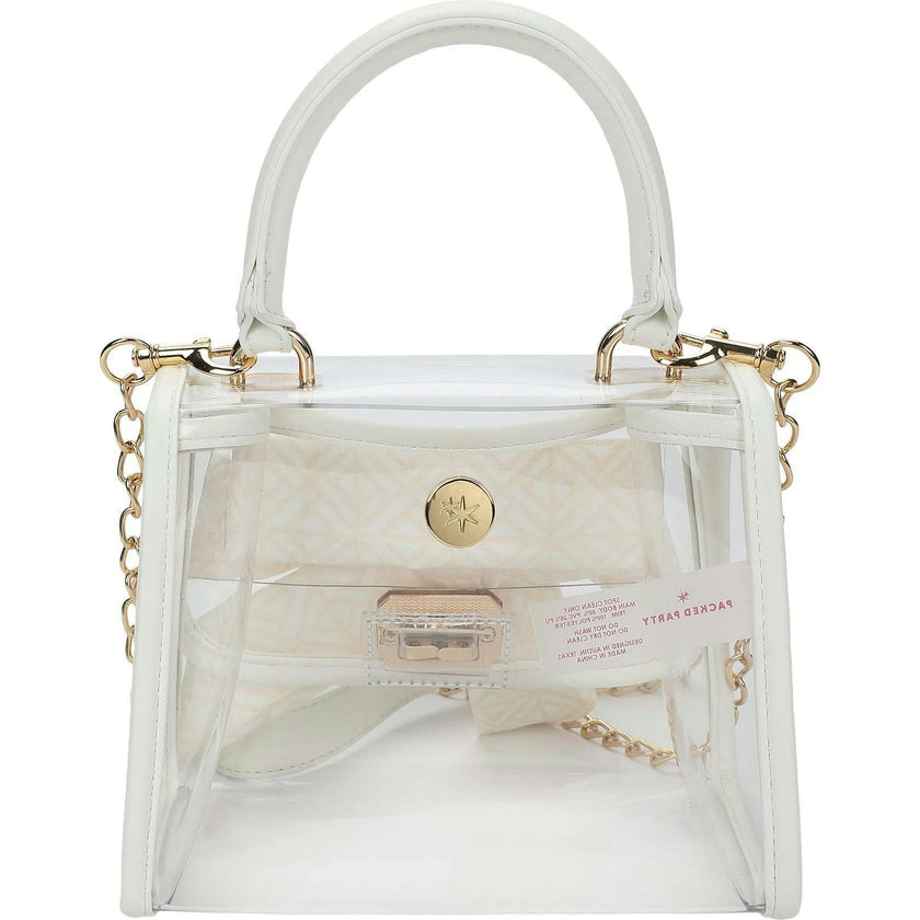 Packed Party Clear Mini Crossbody Bag - White Trim with Gold Chain Strap, Removable Satin Bow Scarf, Top Handle, 7x3.5x5 Inch