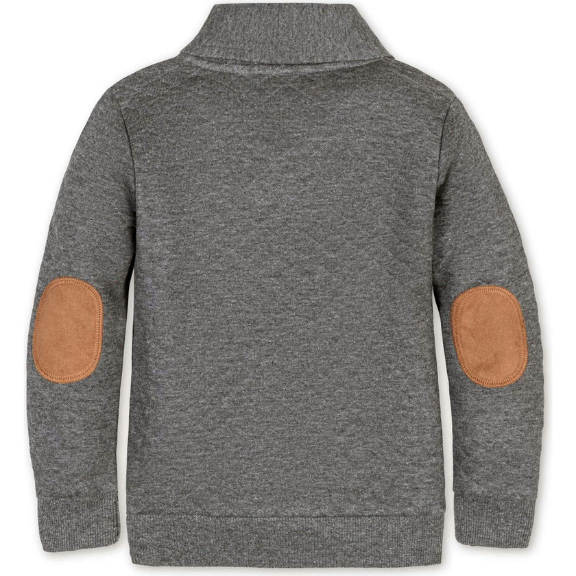 Long Sleeve Quilted Shawl Collar Sweatshirt with Elbow Patches, Grey
