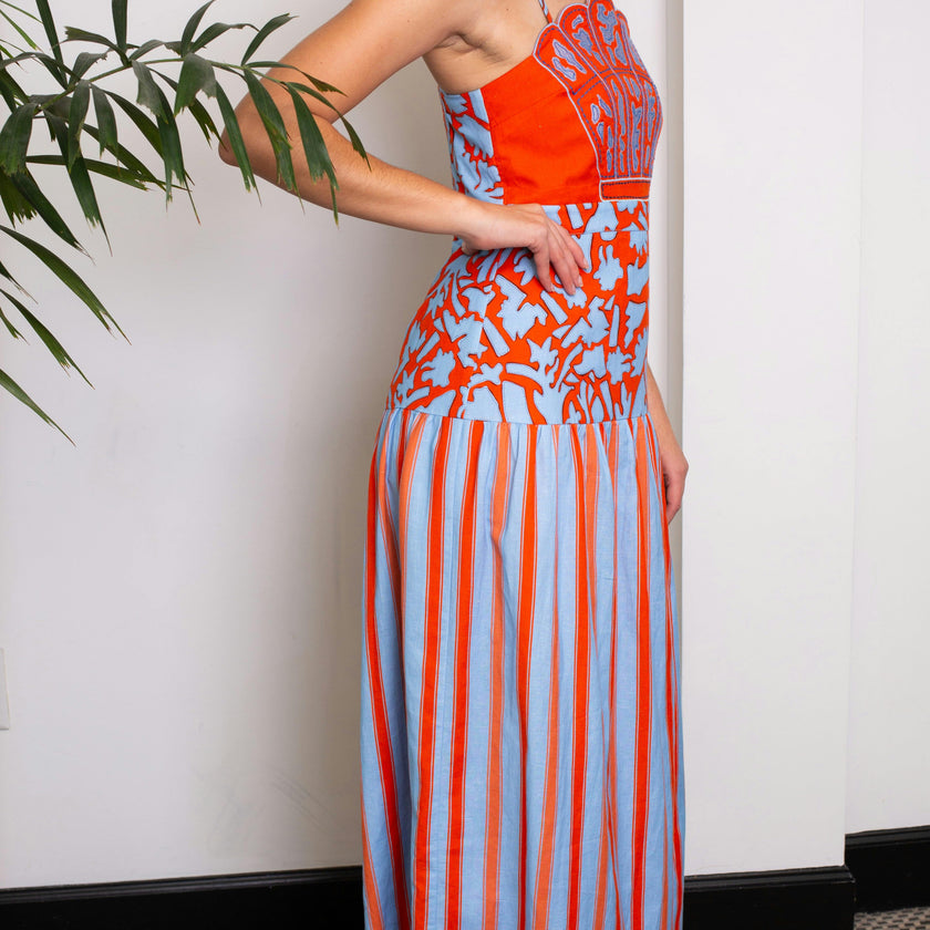 PRE ORDER- Hunter Coral Vine Stripe Midi Dress