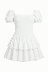 Lexi White Heart Smocked Short Sleeve Ruffle Dress