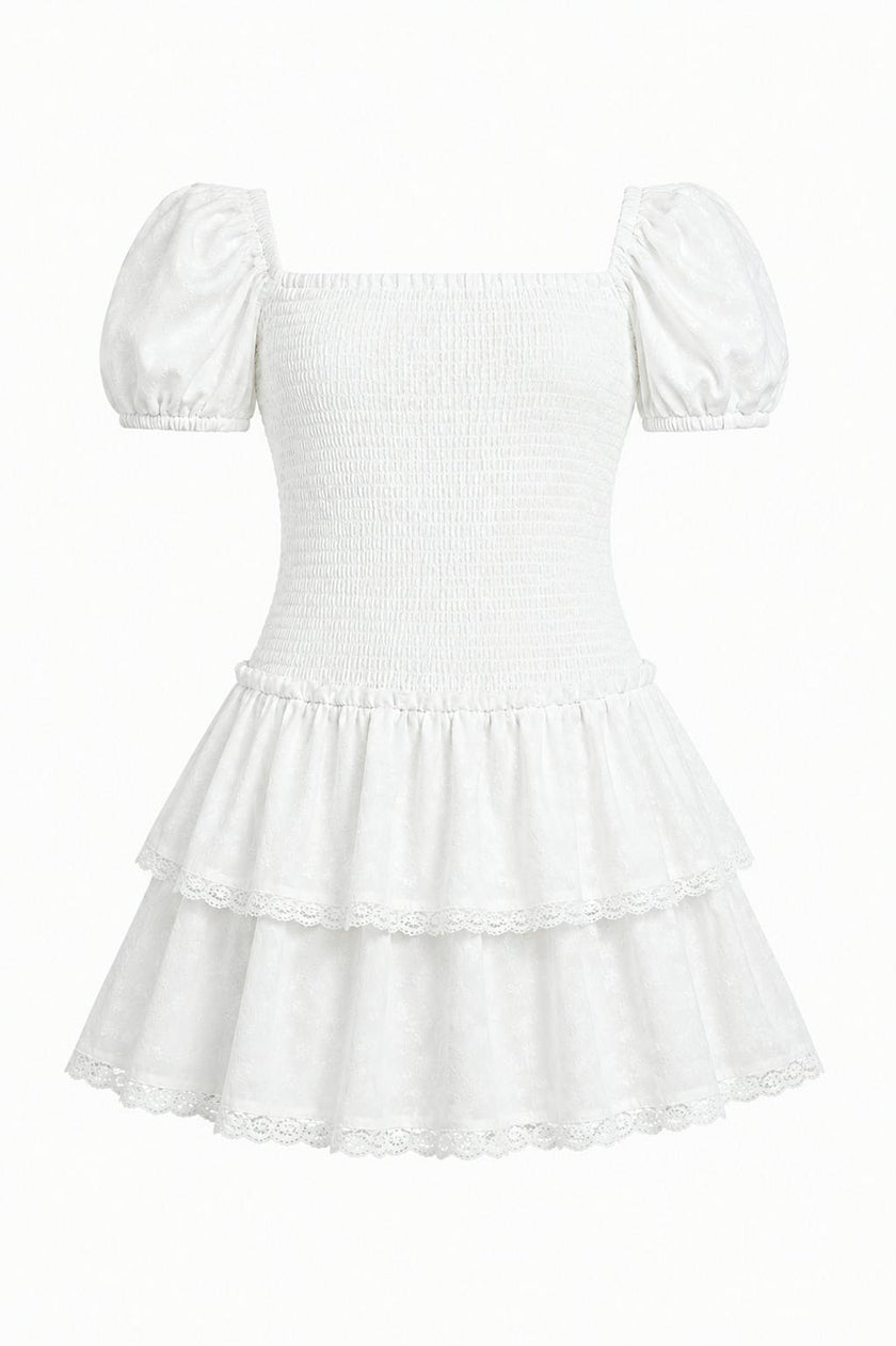 Lexi White Heart Smocked Short Sleeve Ruffle Dress