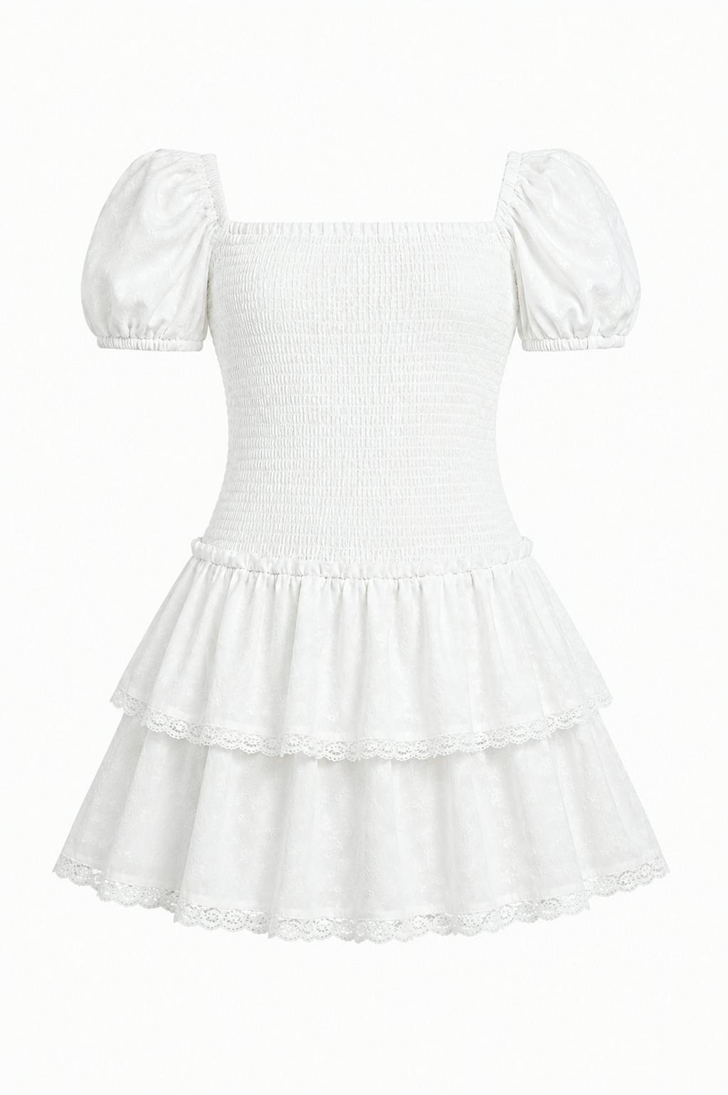 Lexi White Heart Smocked Short Sleeve Ruffle Dress