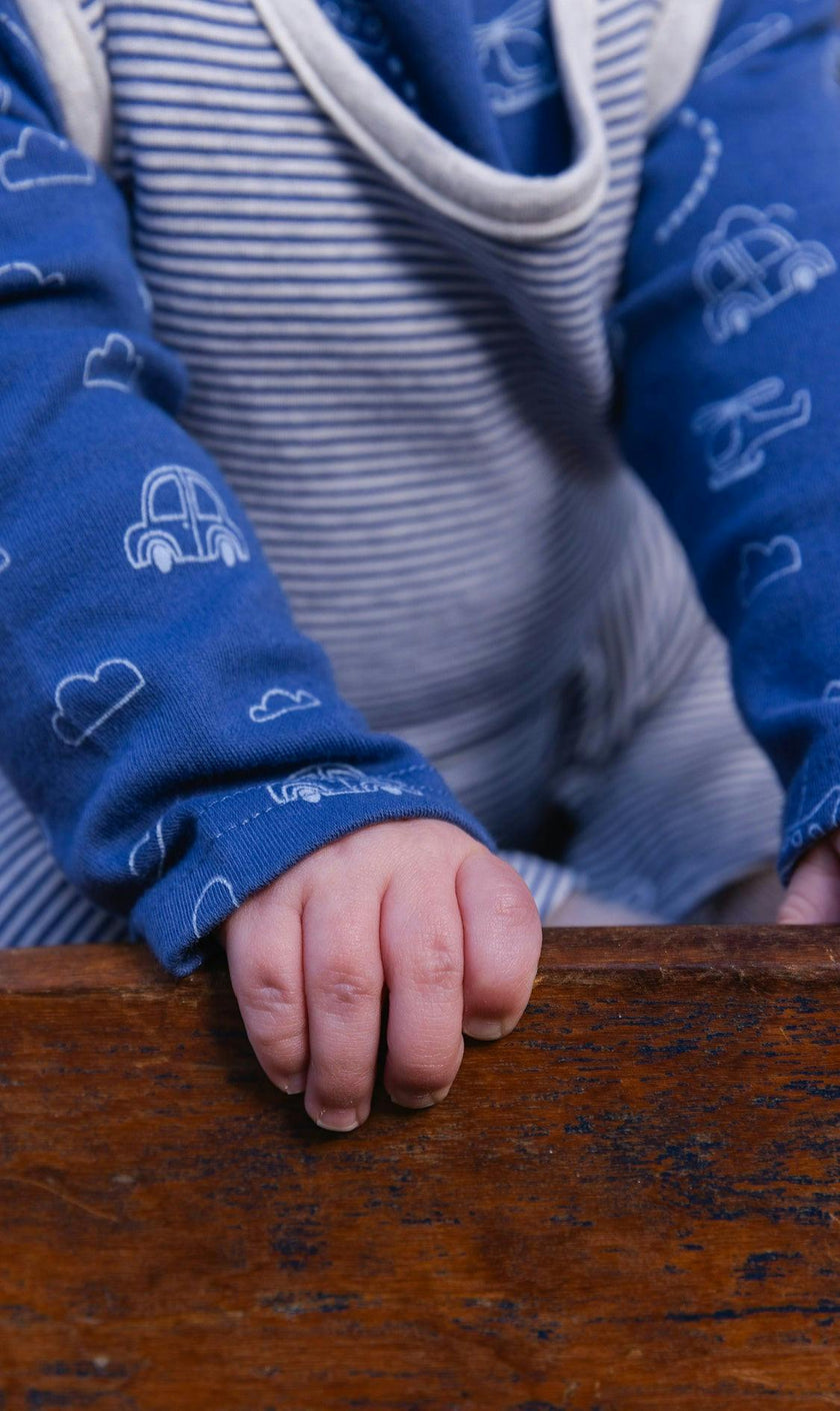 Organic Cotton Onesie With Overalls Set Blue Printed Transportation