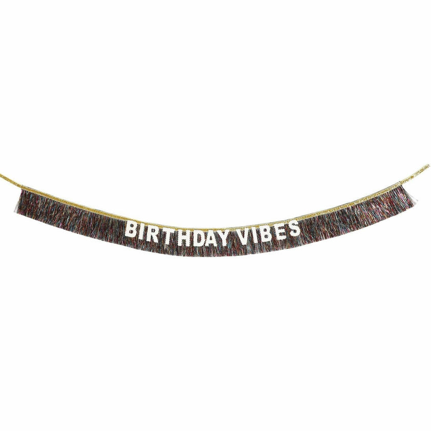 Packed Party Birthday Vibes Tinsel and Glitter Party Sash – 60 Inch Multicolor Tinsel Fringe with Iridescent Glitter Letters and Gold Binding Ties, One Size