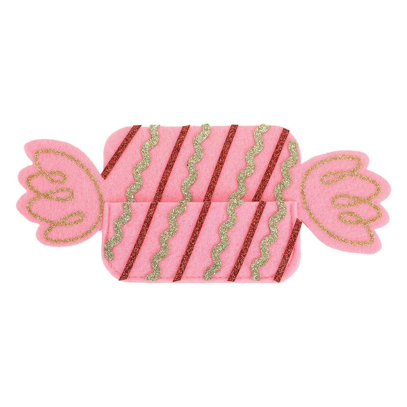 Packed Party Candy Pink Felt Gift Card Holder - Wrapped Candy-Shaped Holiday Gift Card Sleeve with Gold Glitter and Green Stripes for Christmas Gifting