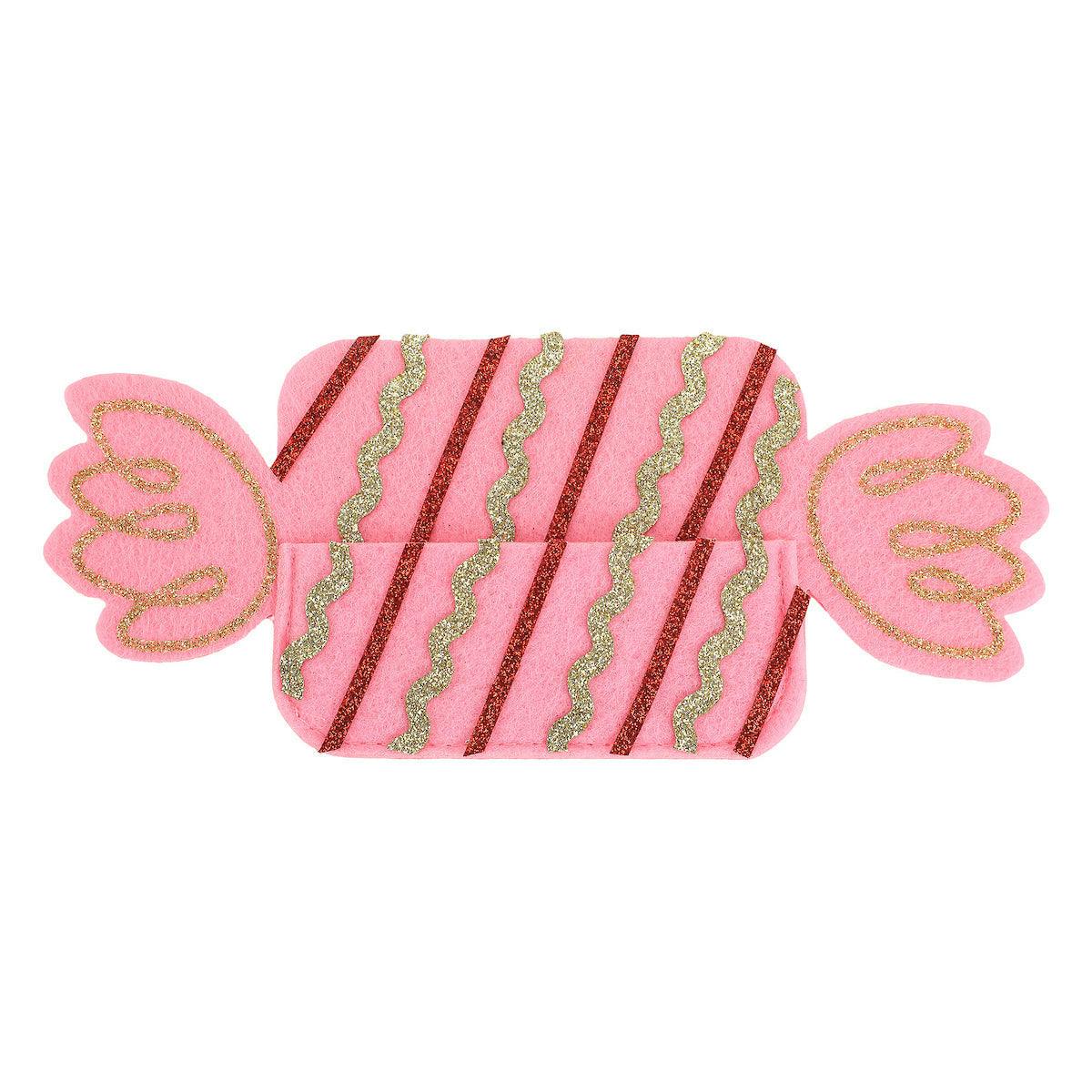 Packed Party Candy Pink Felt Gift Card Holder - Wrapped Candy-Shaped Holiday Gift Card Sleeve with Gold Glitter and Green Stripes for Christmas Gifting