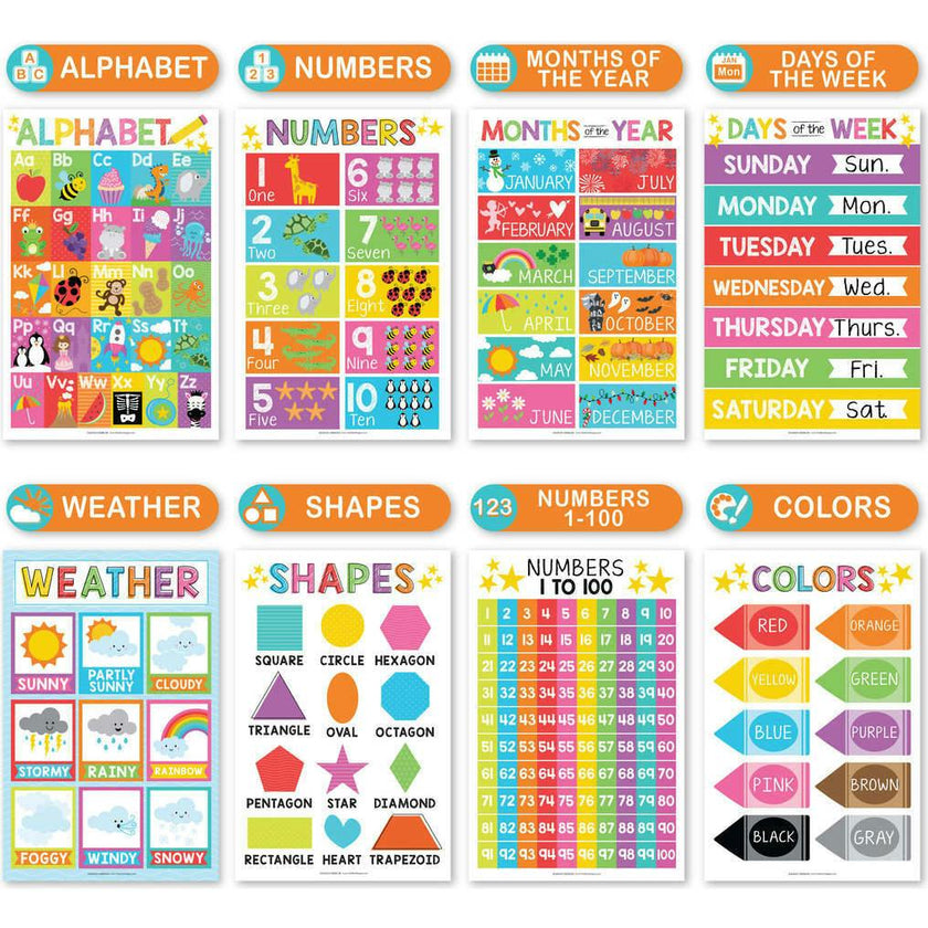 16-Piece Colorful Prek & Kindergarten Posters & 9-Piece Phonics & Vowels Posters