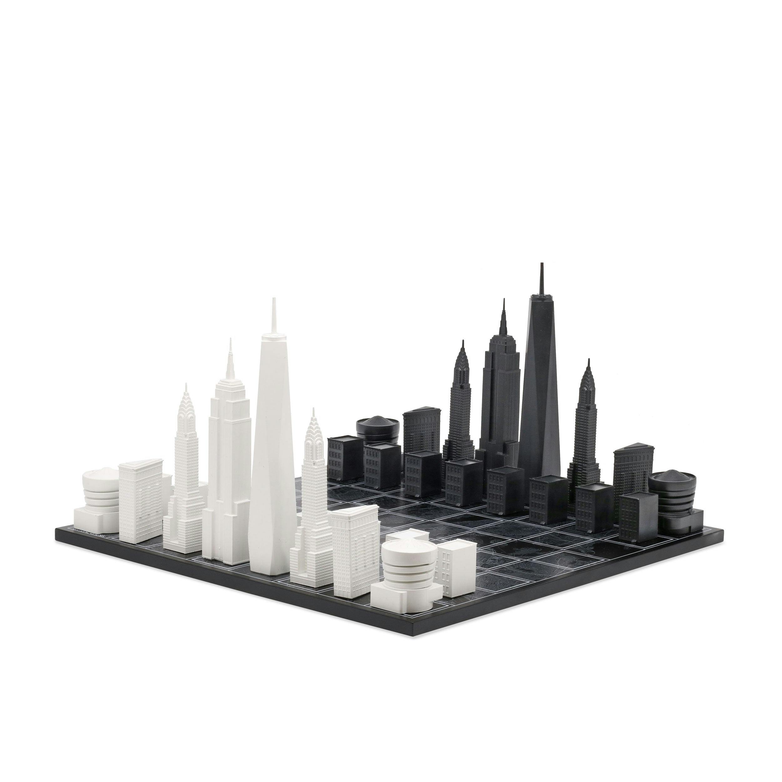 Chess Set Acrylic NEW YORK with Wood Map Board