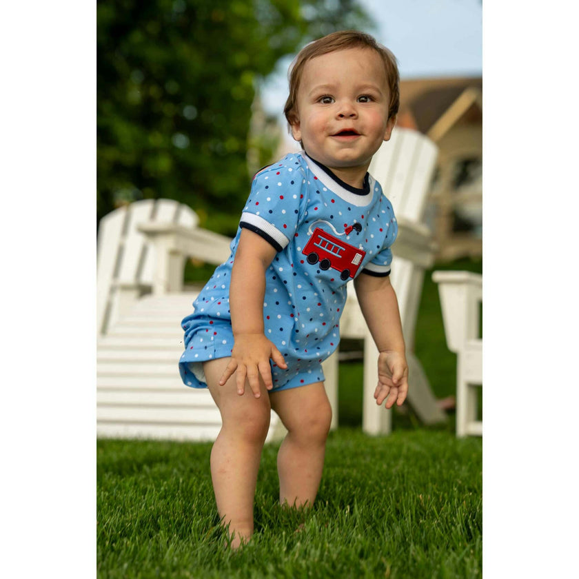 Printed Knit Shortall With Fire Truck