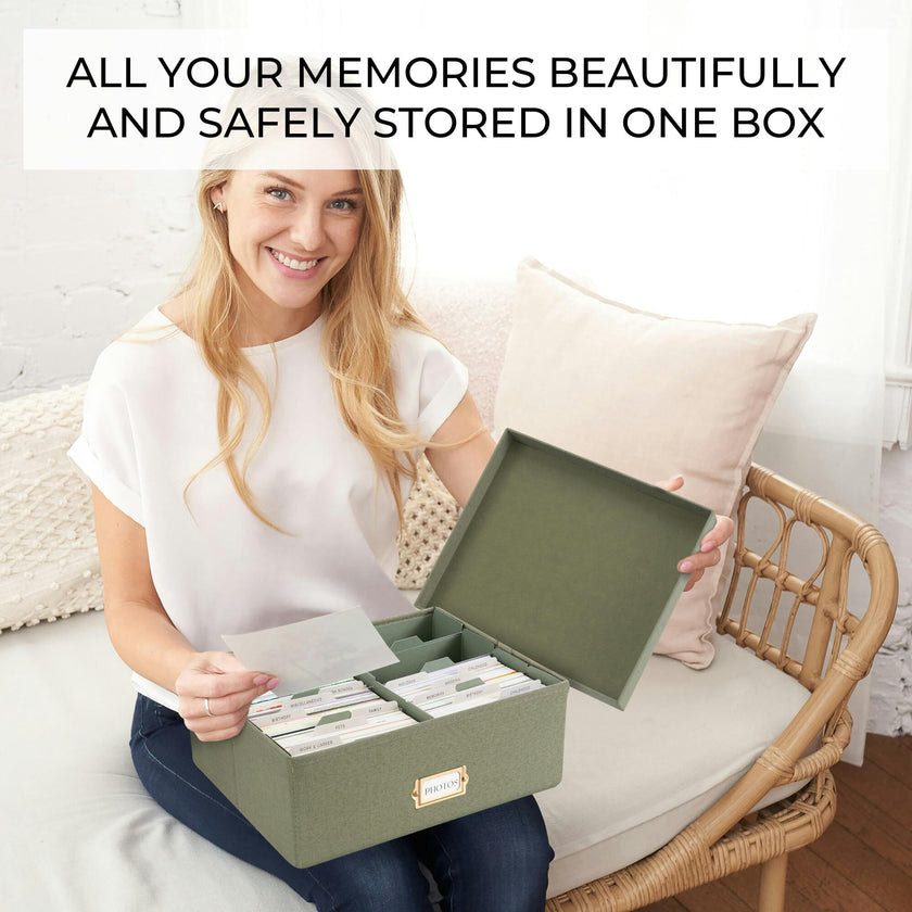 Decorative Photo Storage Box - Sturdy Linen Photo Organizer with Dividers - Stores Up to 850 4x6 Photos - Portable Scrapbook Storage Container with Lid