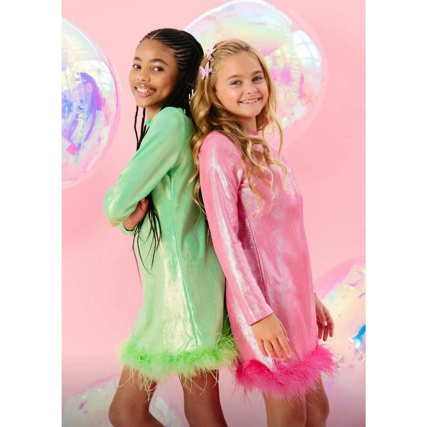 Shimmering Metallic Feather Dress Hot Pink