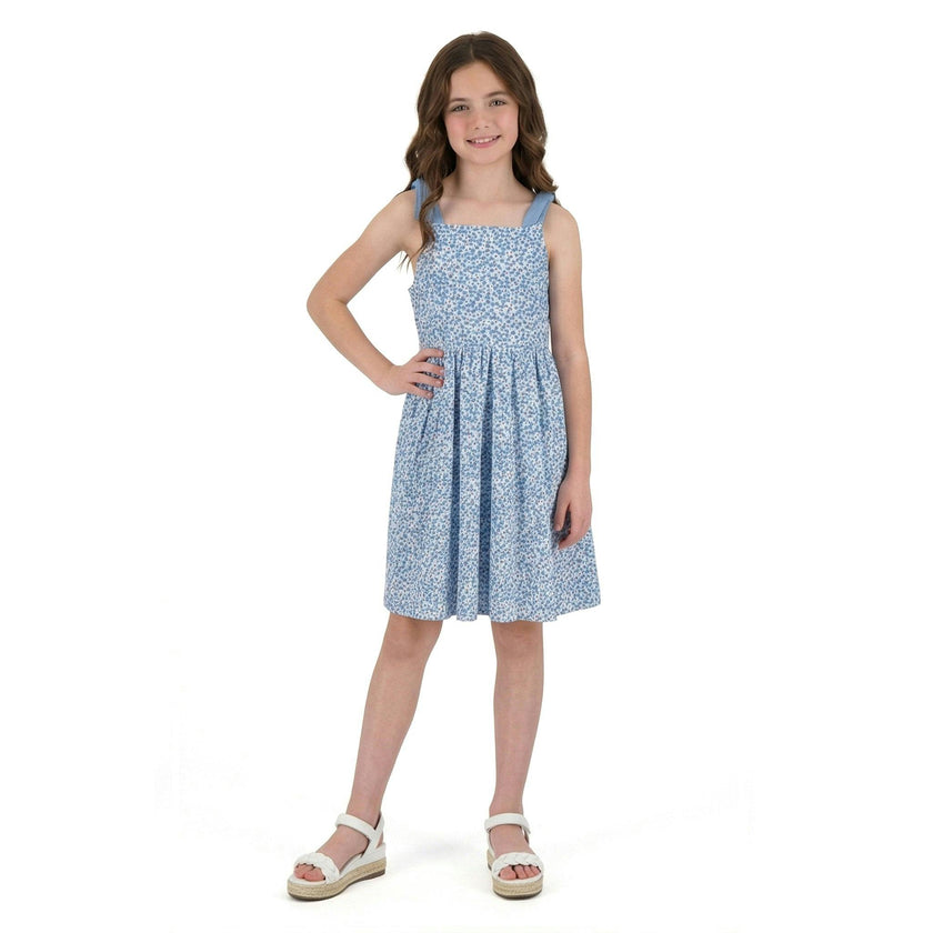 Tween Girls Floral Printed Dress W. Back Cutout | Blue Floral