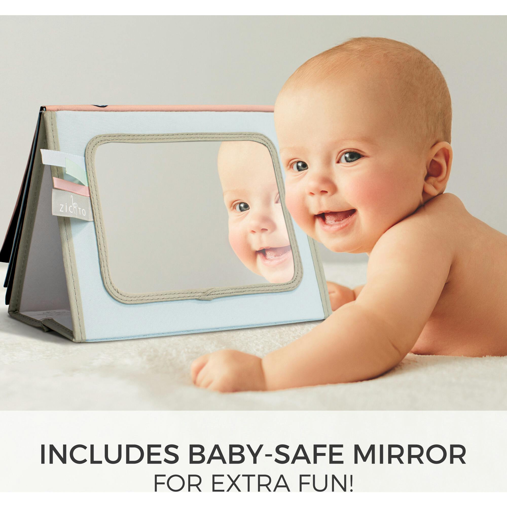 Soft Tummy Time Book w/Large Stimulating Baby Safe Mirror - High Contrast Montessori Toy w/Mirror, Crinkle Filling & Silicone Teether - For Newborn Development