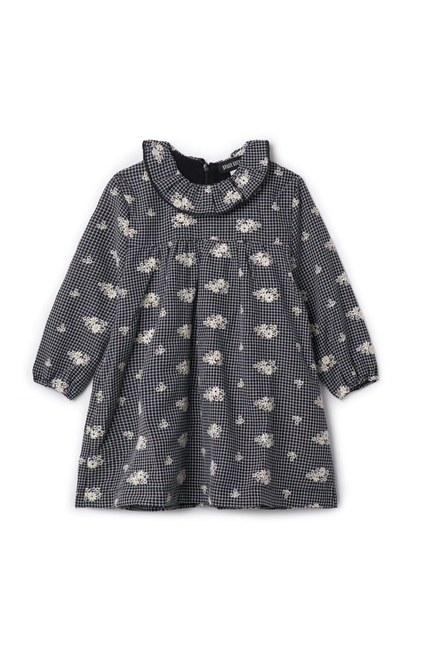 Checkered Embroidered Ruffle Collar Dress