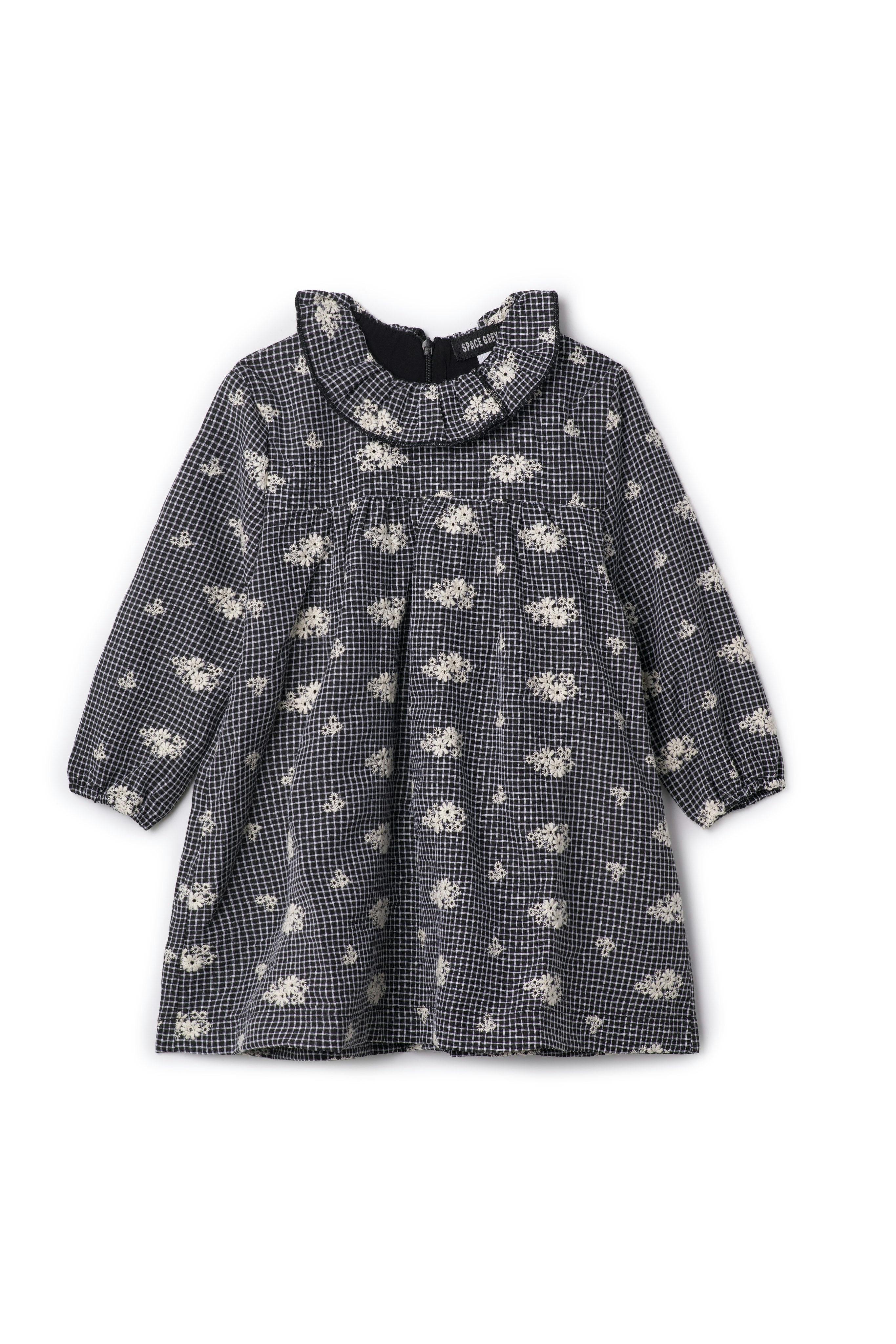 Checkered Embroidered Ruffle Collar Dress