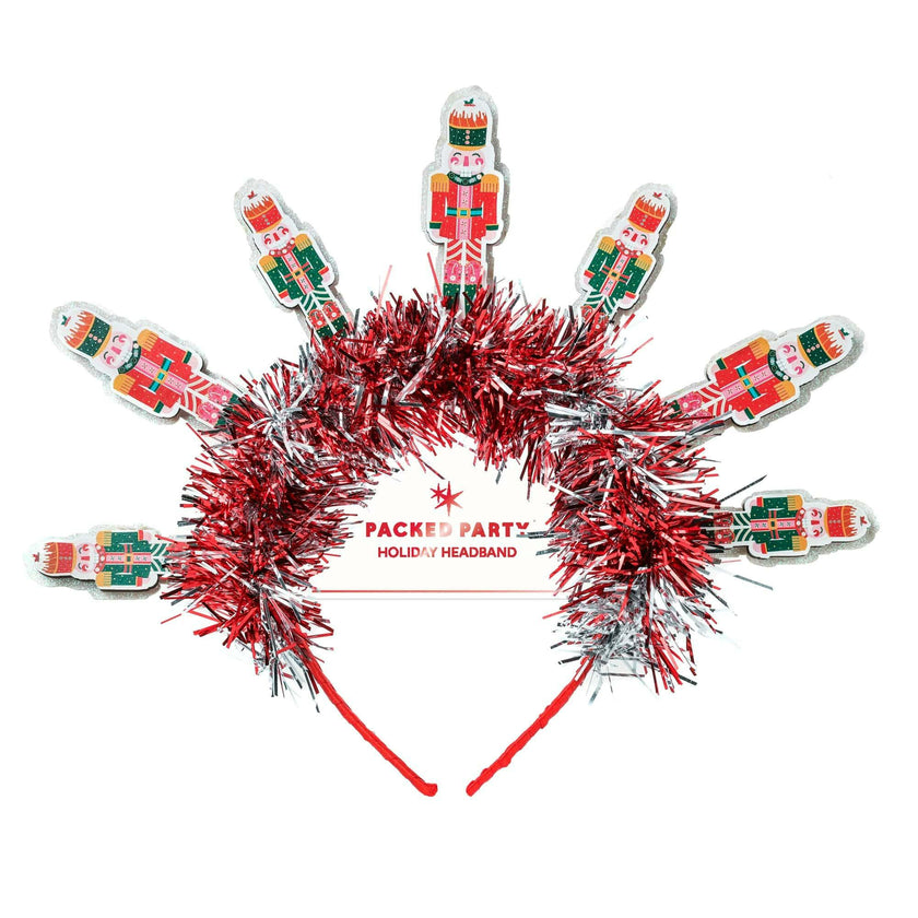 Packed Party Nutcracker Novelty Holiday Headband - Red Tinsel Headband with Mini Nutcrackers for Christmas Parties and Holiday Celebrations, One Size Fits All