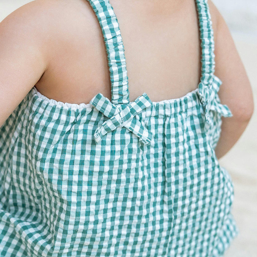 Rosalie Seersucker Ruffle Bubble Romper - Laguna Gingham