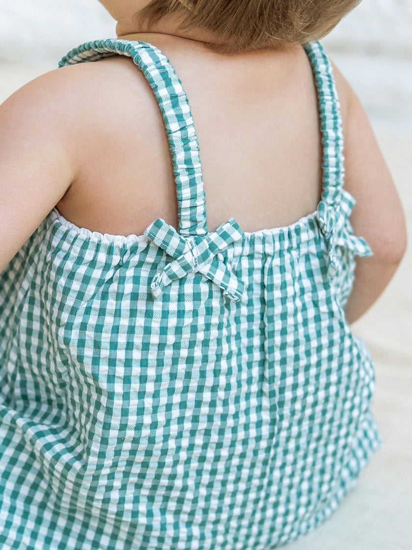 Rosalie Seersucker Ruffle Bubble Romper - Laguna Gingham