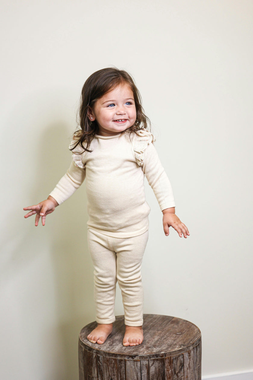 Chic Ruffle Shoulder Long Sleeve Top & Pant 2-Piece Set