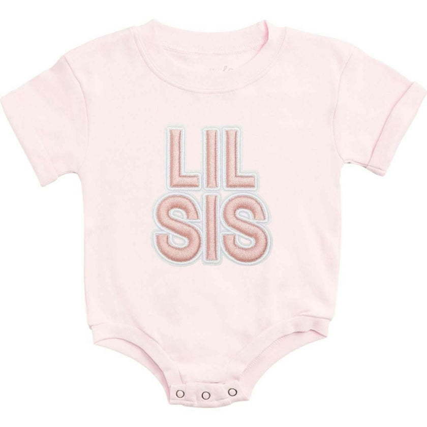 Lil Sis Embroidered Patch Short Sleeve Romper - Ballet