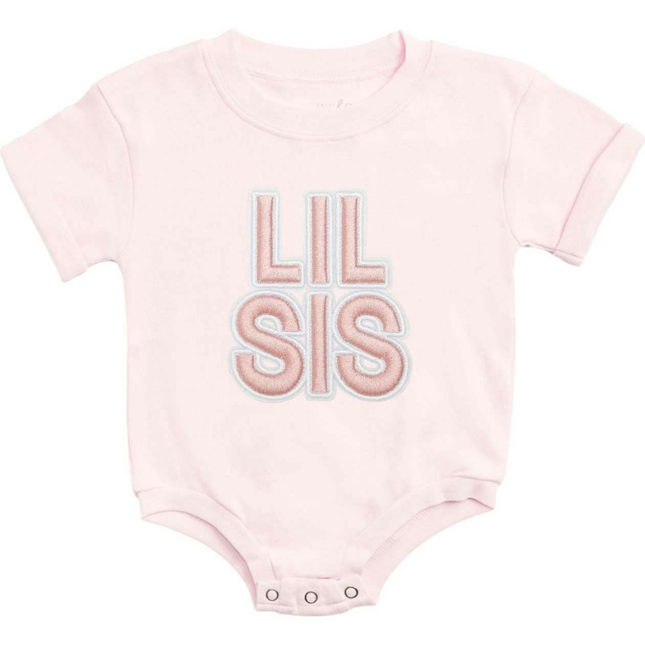 Lil Sis Embroidered Patch Short Sleeve Romper - Ballet