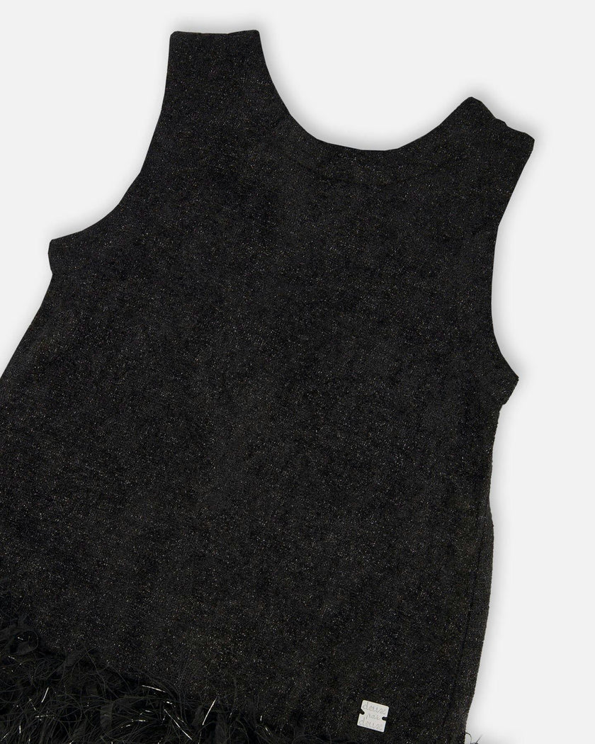 Sleeveless Bi-Material Lurex Dress with Feathers