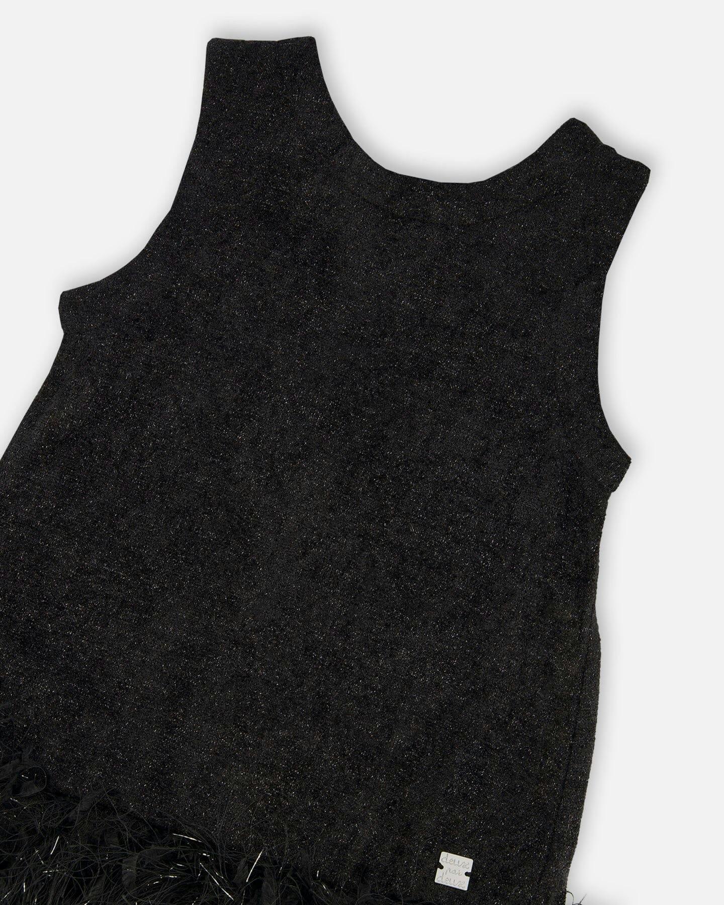 Sleeveless Bi-Material Lurex Dress with Feathers