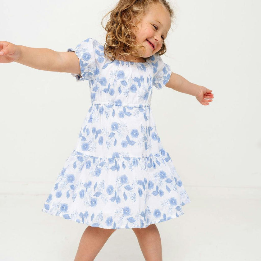 Blue Floral Embroidery Girls Joy Dress