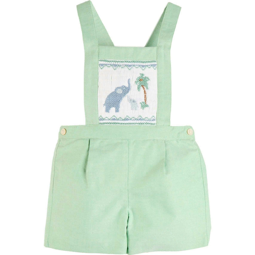 Elephant Embroidered Smocked Dungarees in Sage Green (18mths-4yrs)