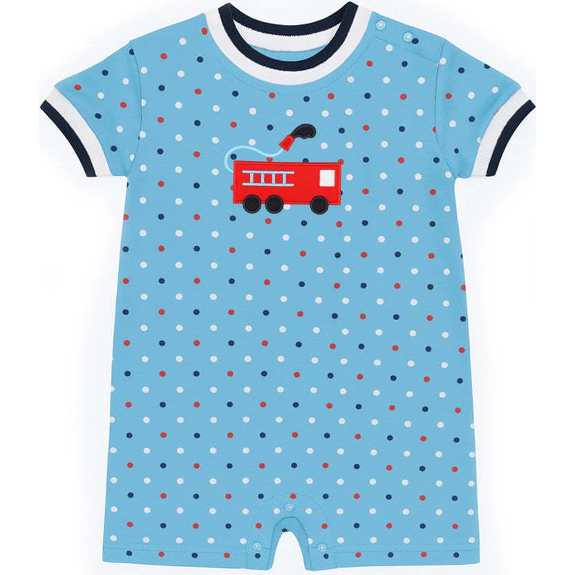 Printed Knit Shortall With Fire Truck