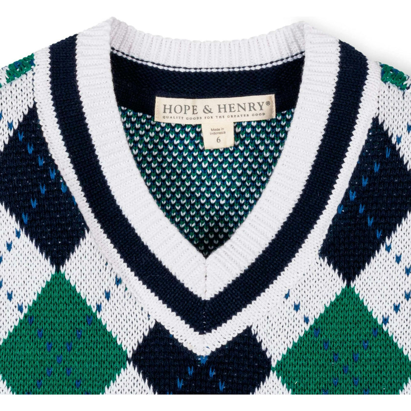Organic V-Neck Argyle Sweater Vest, Blue