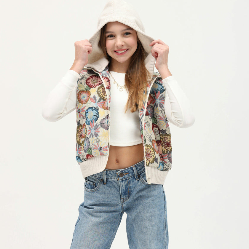 Tenly Tapestry Floral Puffer Vest Hoodie