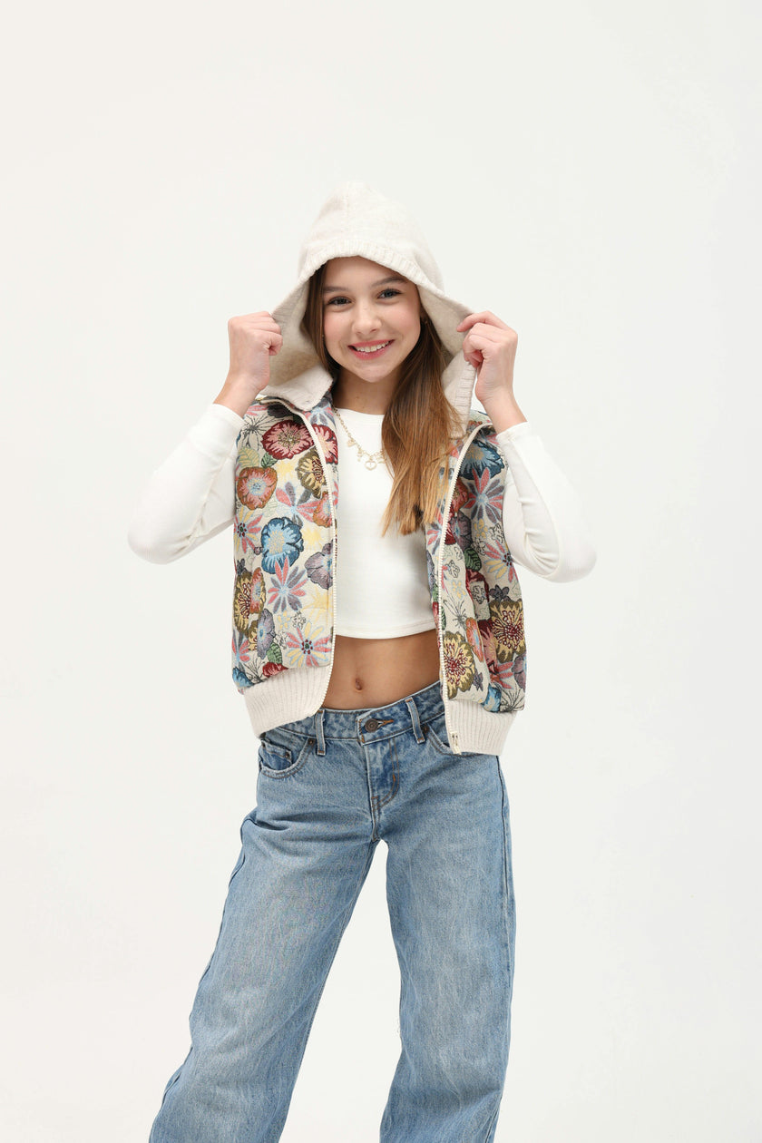 Tenly Tapestry Floral Puffer Vest Hoodie