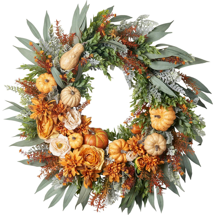 Mixed Autumn Pumpkin, Burnt Orange Sunflowers, Cream Ranunculus & Needle Leaf Eucalyptus Front Door Fall Wreath
