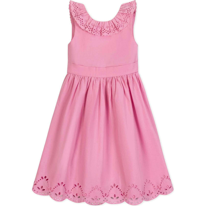 Organic Ruffle Collar Party Dress with Eyelet Embroidery, Pink