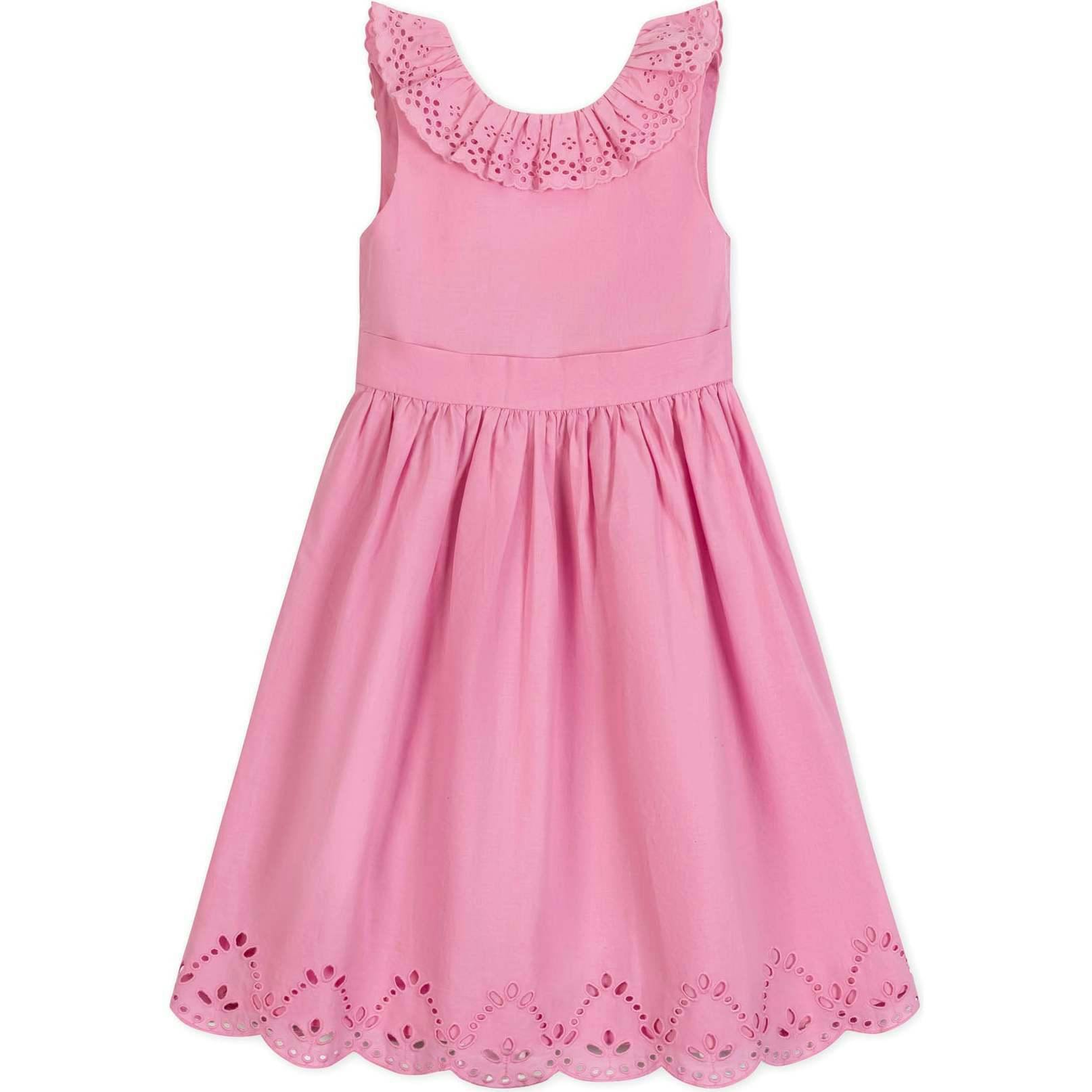 Organic Ruffle Collar Party Dress with Eyelet Embroidery, Pink