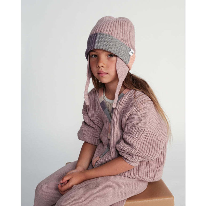 Chunky Ribbed Knit Chin Strap Snap Earflaps Elastic Fit Beanie
