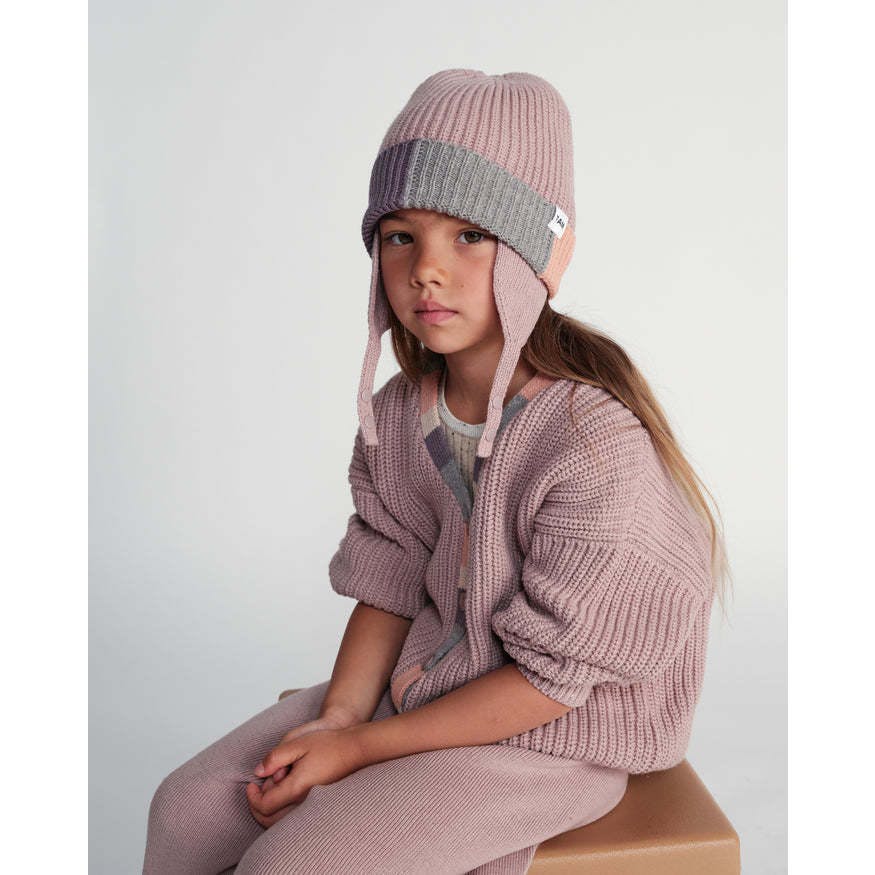 Chunky Ribbed Knit Chin Strap Snap Earflaps Elastic Fit Beanie